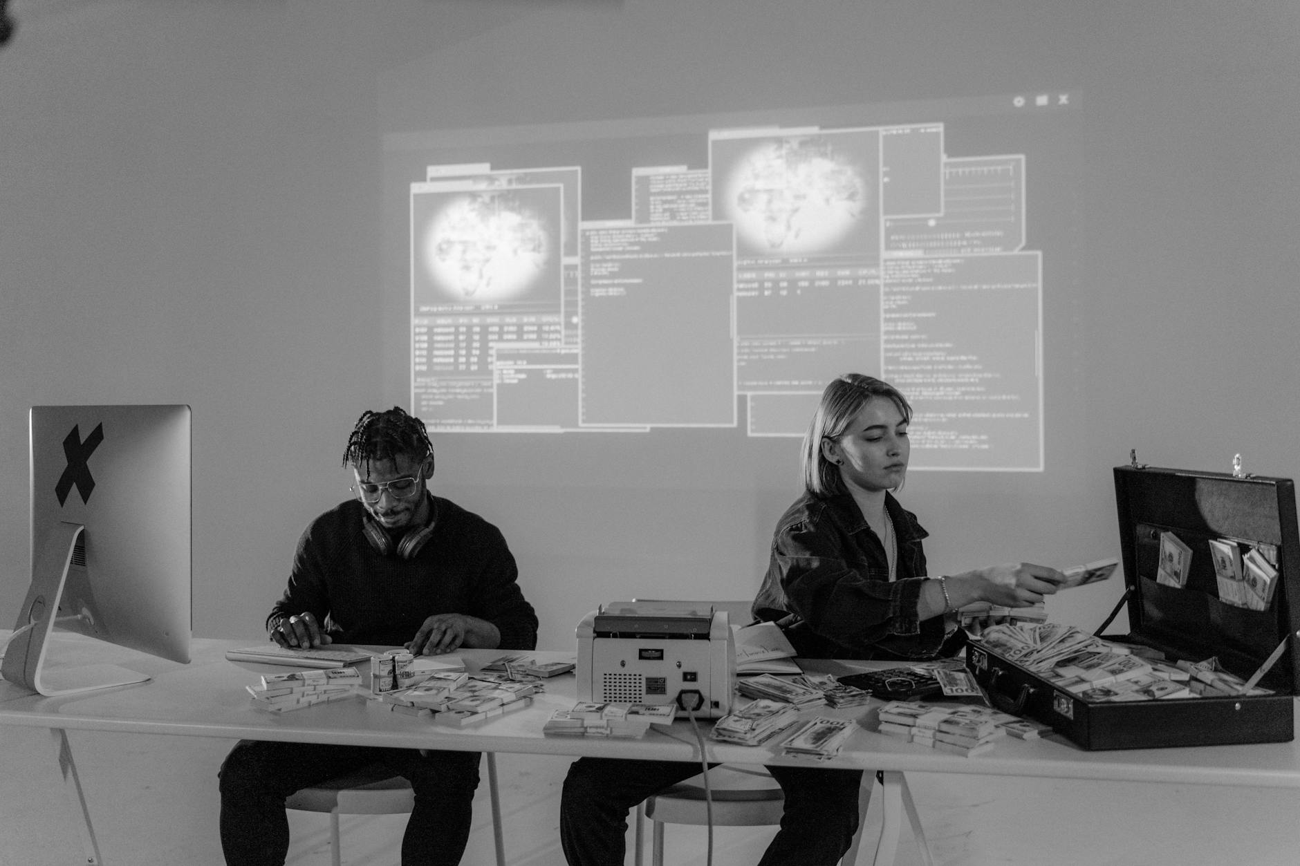 Specjaliści security analizują dane na komputerach w biurze startupu